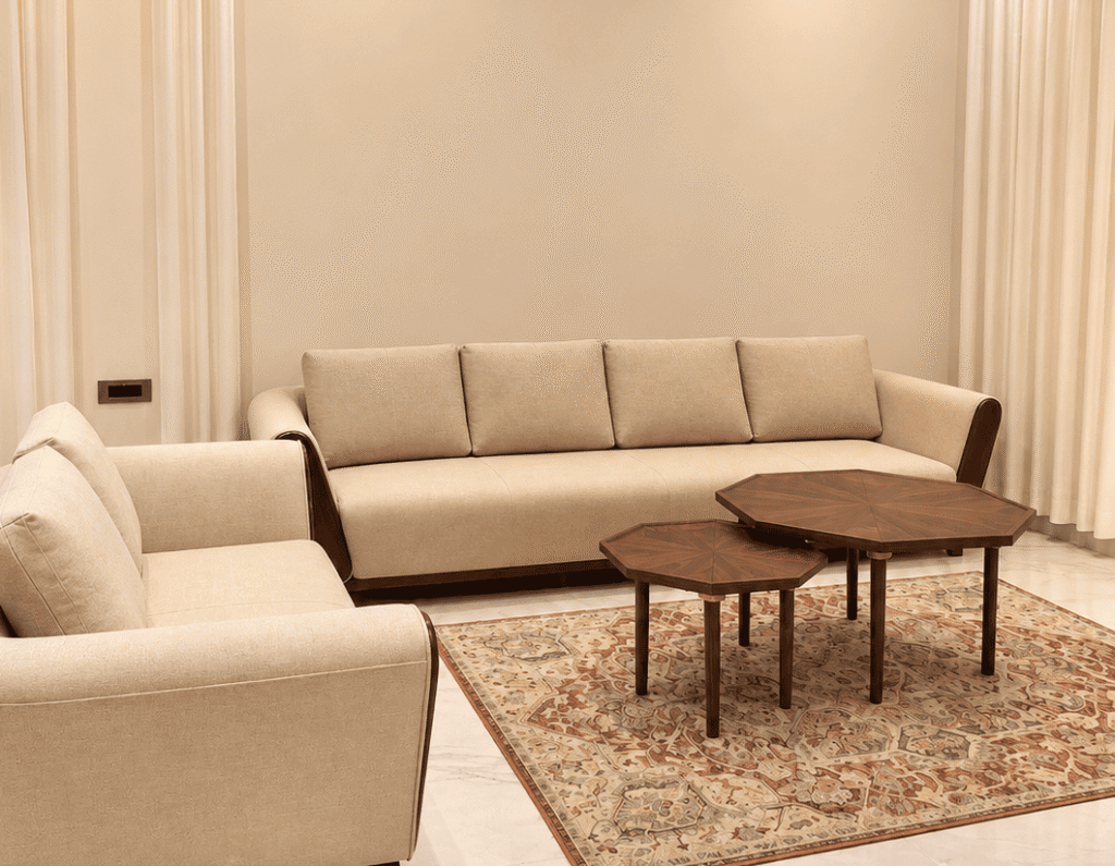 Elegant living room interior with modern furniture, soft lighting and sophisticated design