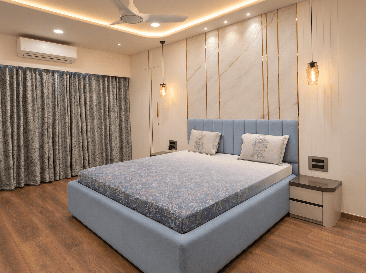 Contemporary bedroom interior with a comfortable bed, modern decor and soothing colours