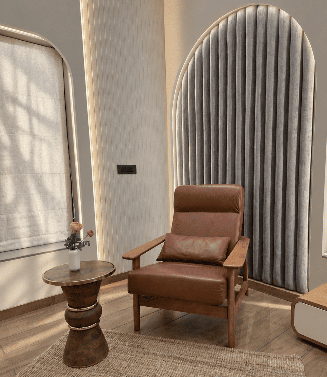 Luxury bedroom design with stylish furniture, warm lighting and comfortable interiors