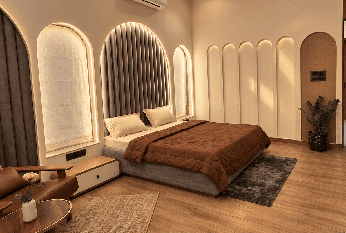 Luxury bedroom design with stylish furniture, warm lighting and comfortable interiors
